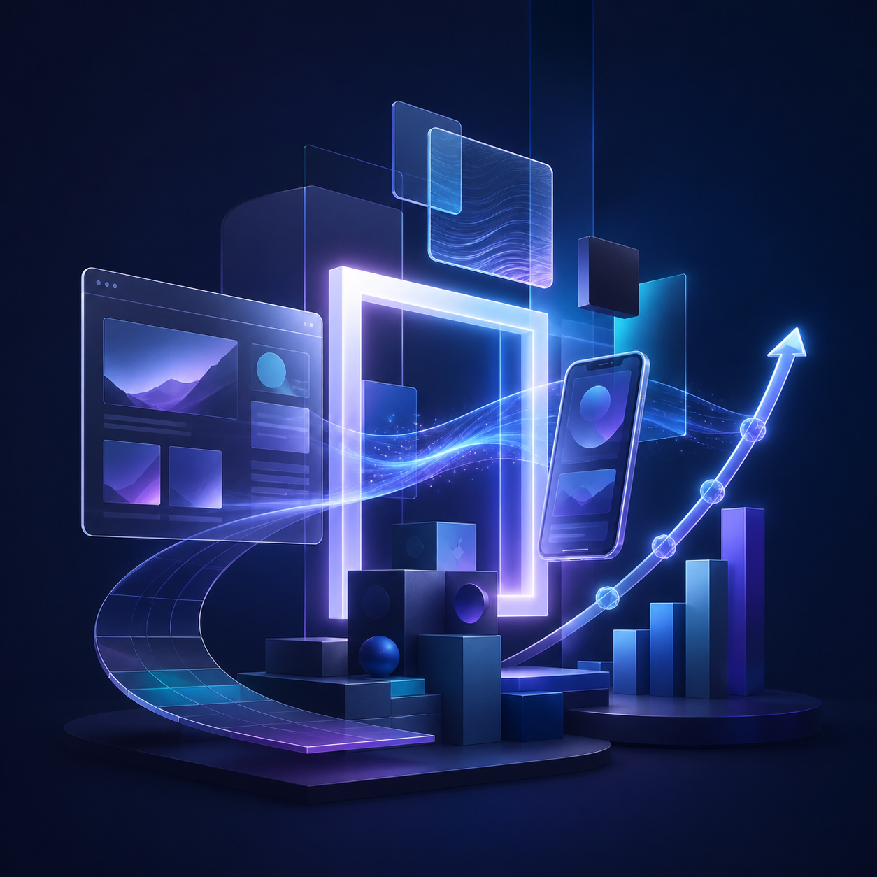 Abstract digital ecosystem connecting web design, mobile products, and business growth